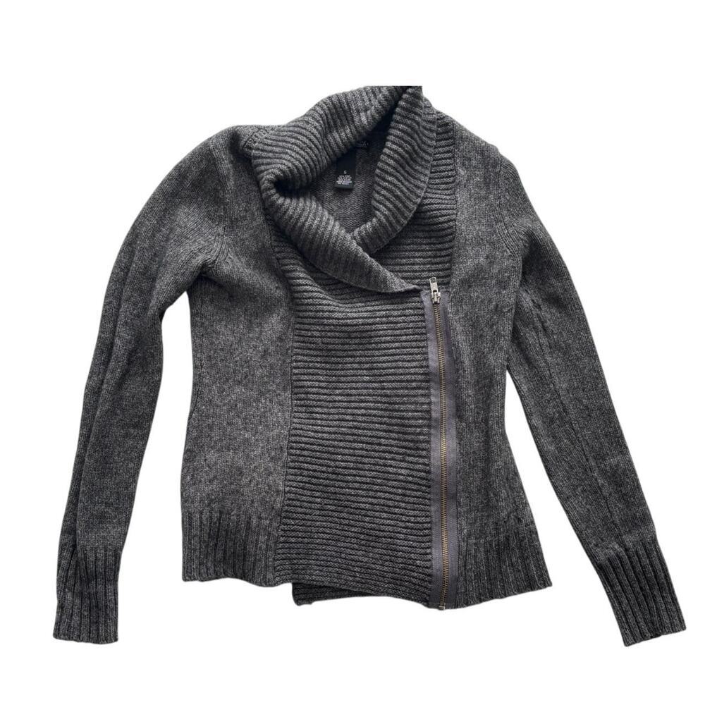 Dark Gray Ribbed Cardigan Zipper Front, Wool Mix Casual Layering Sweater